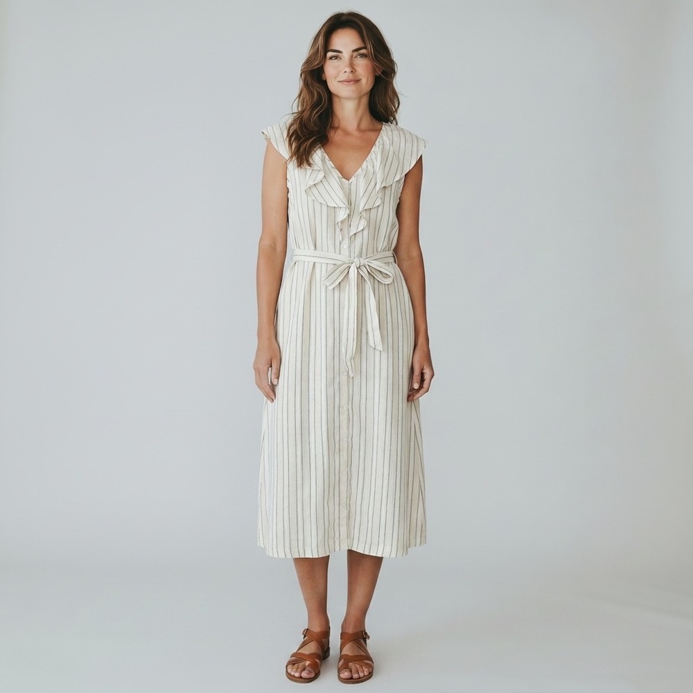 ICHI Midi Dress Linen Cotton‎ 36/S Cream Striped Ruffle Button Front Tie Waist